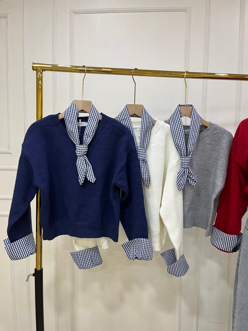 Solid Color Round Neck Sweater With Gingham Scarf